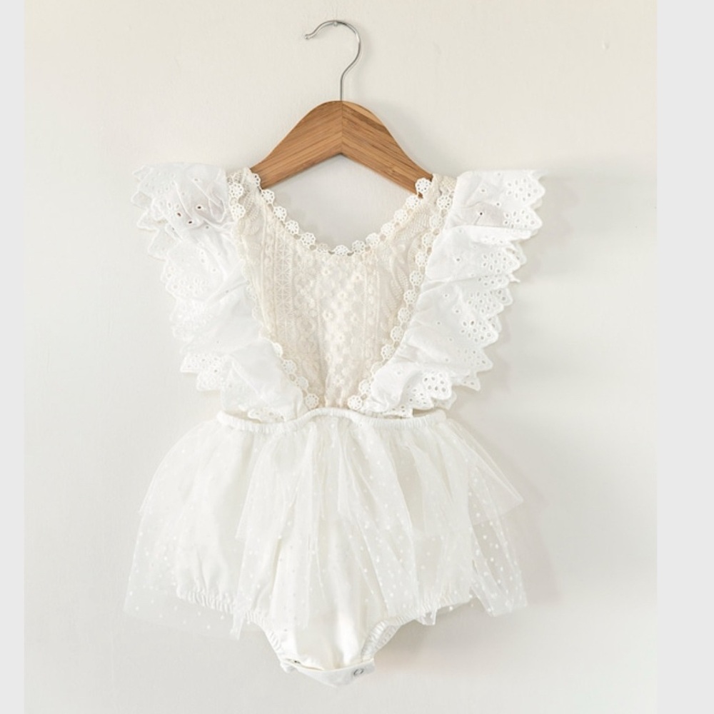 White Eyelet Tulle Baby Gir Boho Romper size 6 months